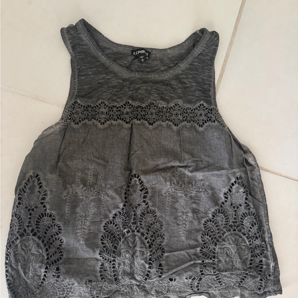 Express Gray Eyelet Embroidered Tank Top